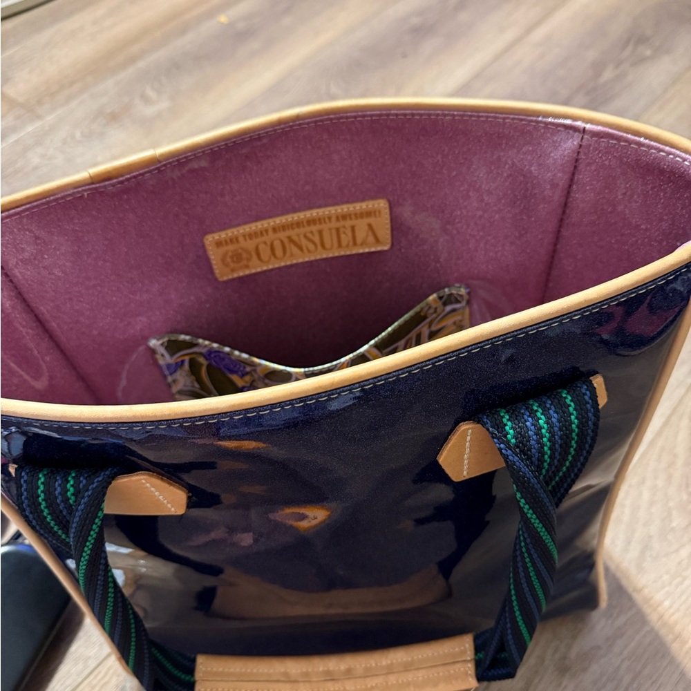 Consuela Navy Tote with Tan and Blue-Green Accents